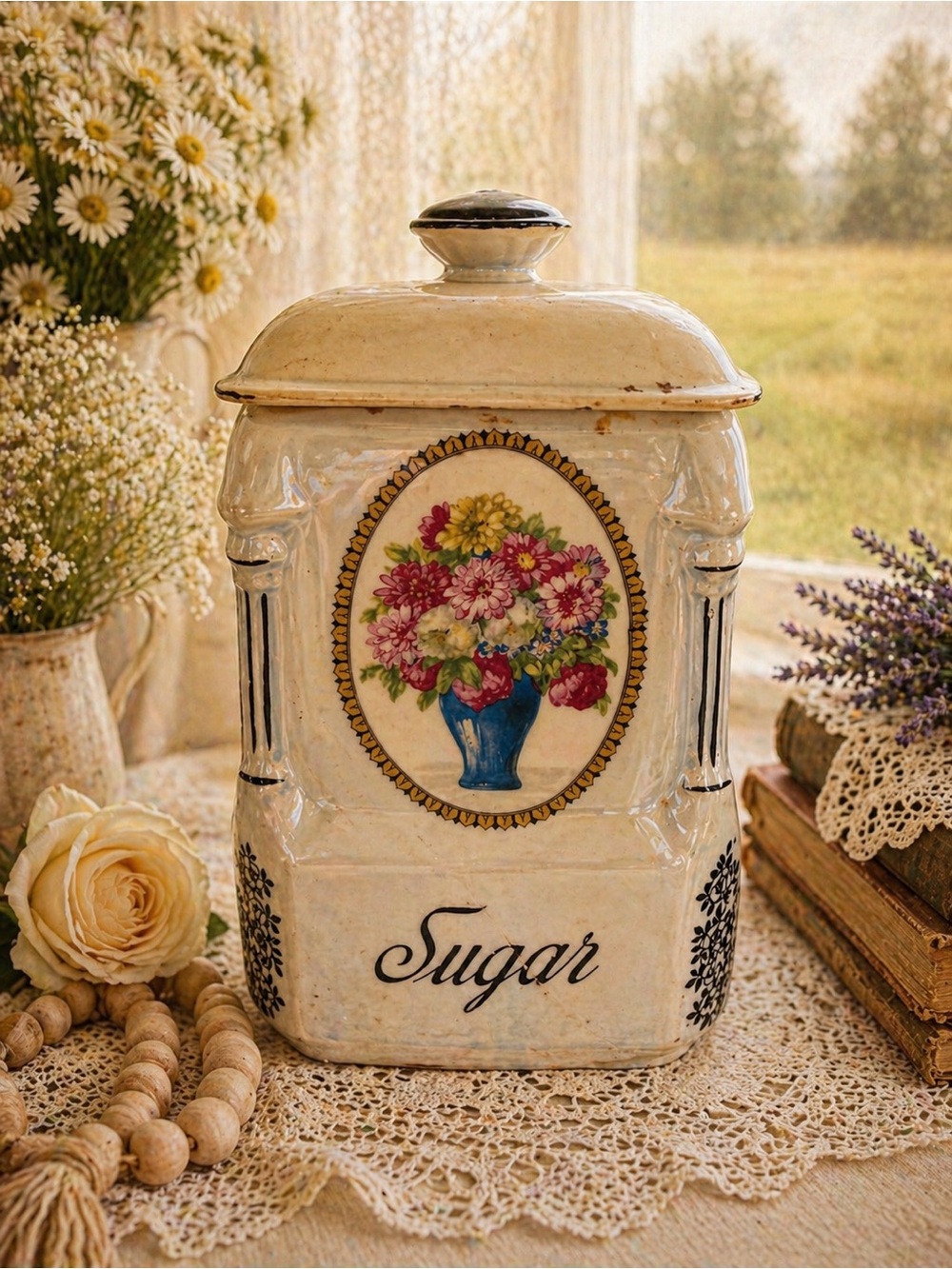 Vintage Floral Sugar Canister - Cream with Blue & Pink Bouquet